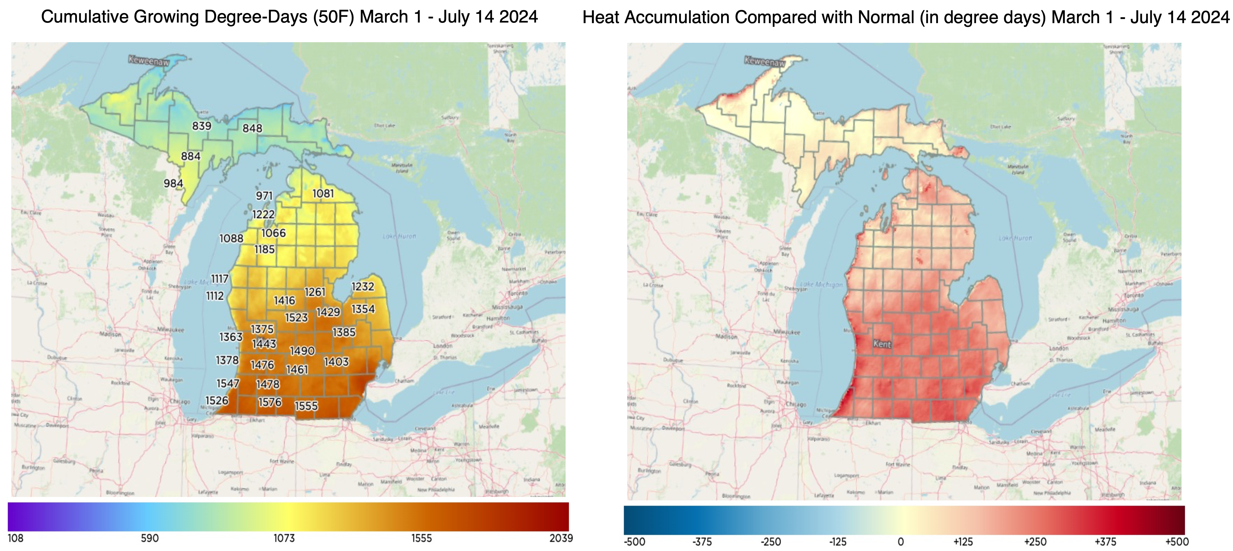 Enviroweather cumulative growing degree days, Enviroweather heat accumulation.